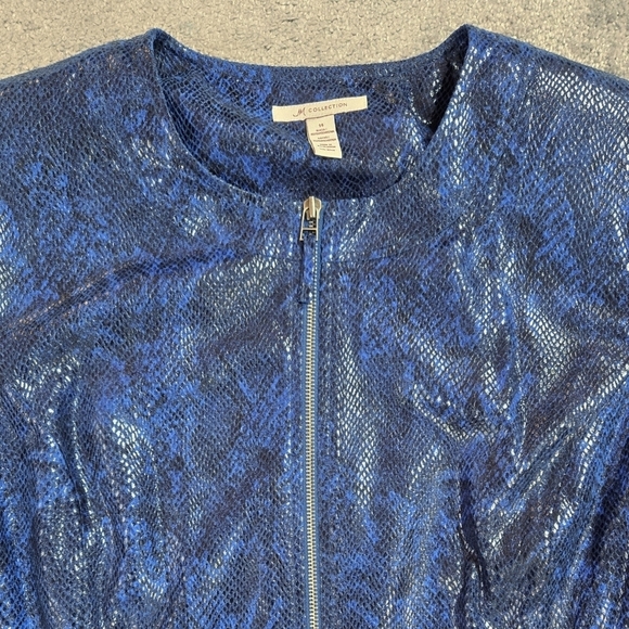 JM Collection Blue Faux Snakeskin Embossed Collarless Zip Jacket - Picture 4 of 8